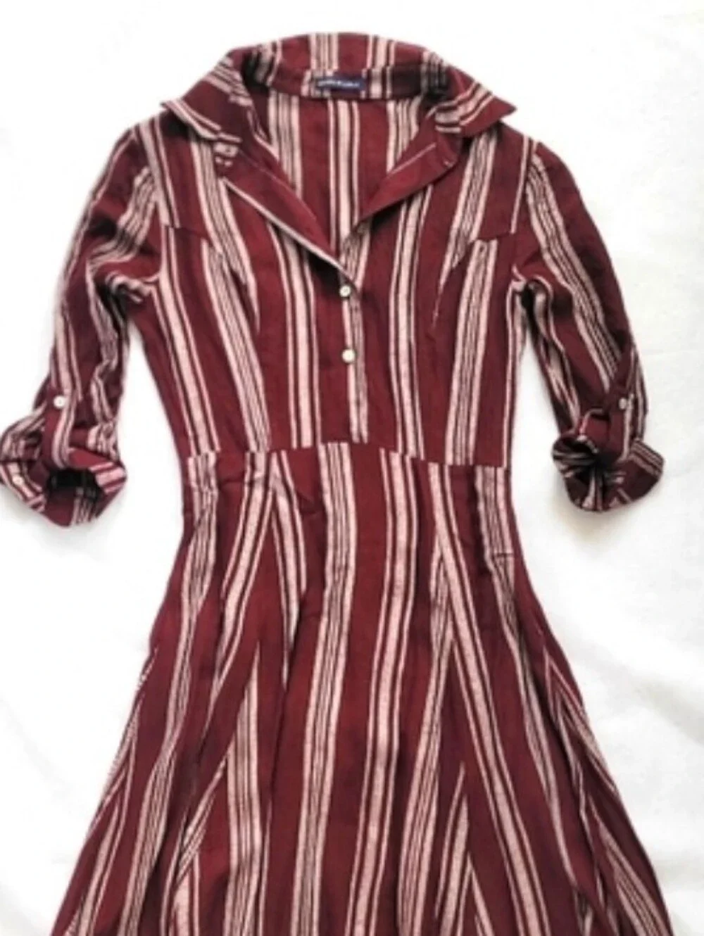 NWOT! Fall Burgundy Striped Preppy Long Sleeve Cozy Women's Shirt Midi Dress XS